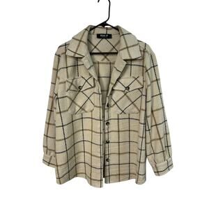 Cream Plaid Boucle Shacket Jacket M Fall Layer Preppy Cottagecore Cozy Chic‎
